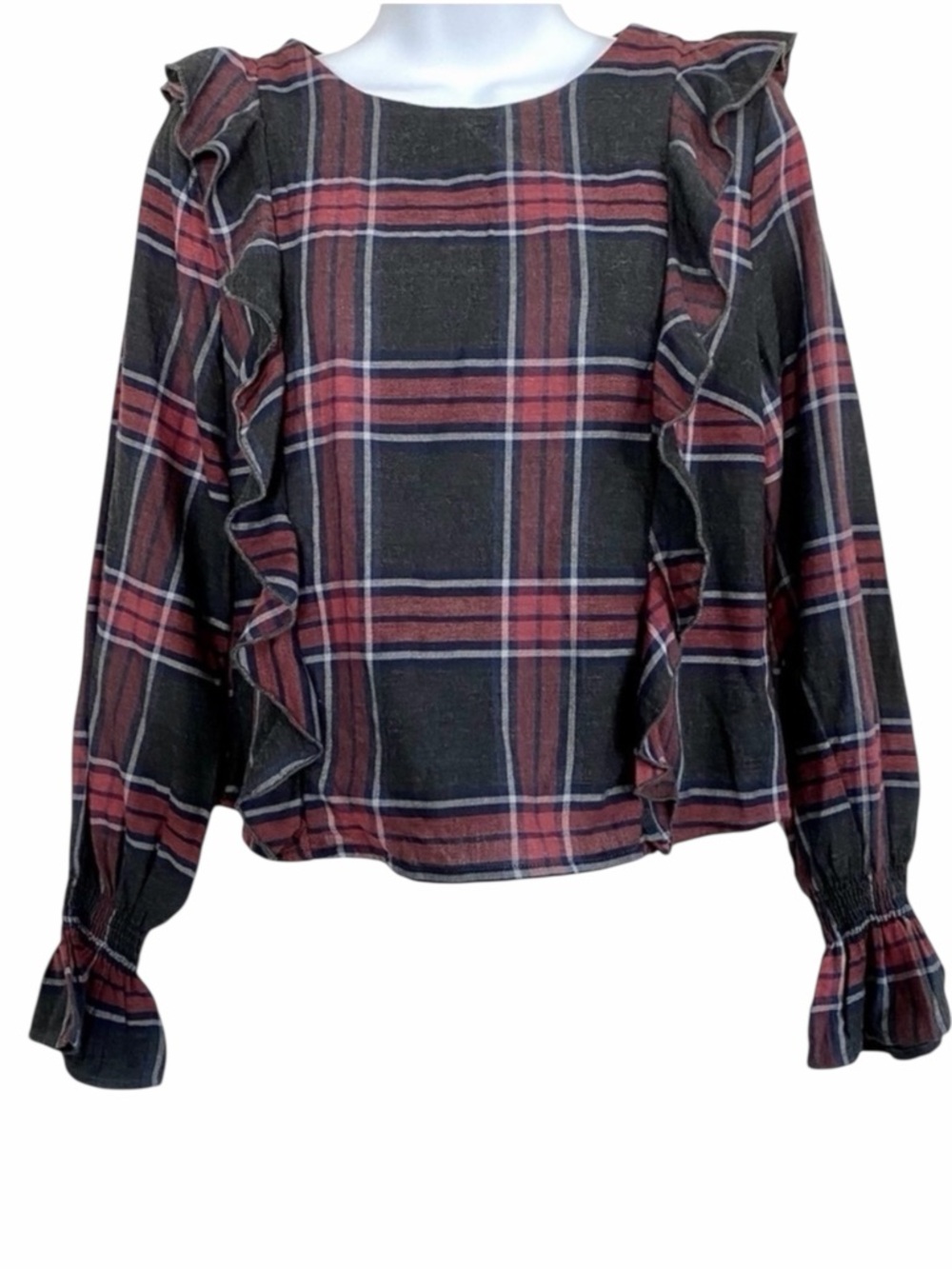 Plaid Ruffle Long Sleeve Cotton Blouse Sz Small Flannel Grunge Boho Ruffles